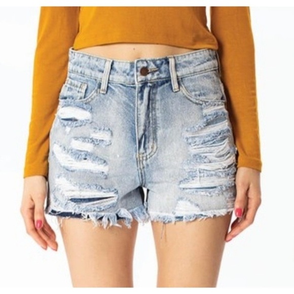 High Waist Destroyed Denim Shorts - Picture 4 of 7